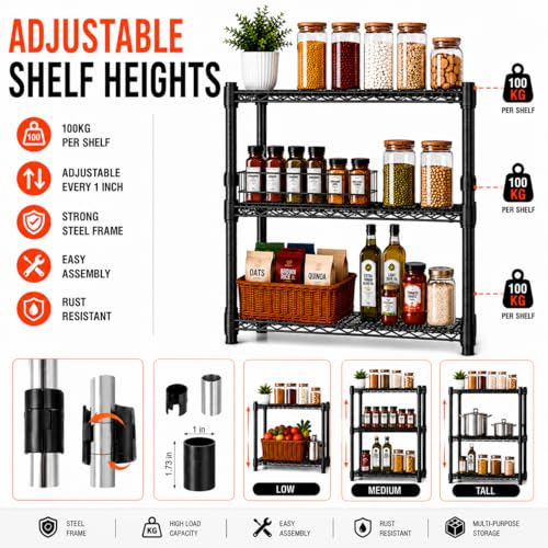 Image of STORACK 3 Tier Heavy Duty Kitchen Storage Rack for Home & Pantry | Ventilated Wire Shelving Unit | Multipurpose Steel Organizer Stand, Laundry & Utility Storage | 60 x 35 x 82 CM | Black Chrome Finish