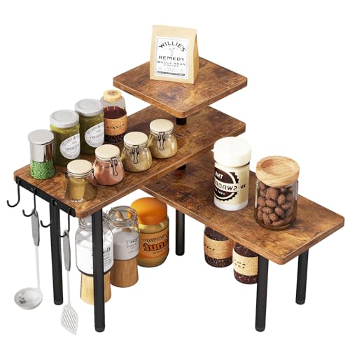 IBUKYE Étagère d'angle de cuisine à 3 niveaux,Porte-épices avec crochets, Organisateur de comptoir,pour rangement d'épices,pour salle de bain, comptoir,...