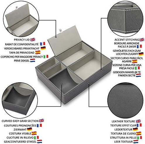 Belle Vous Grey Faux Leather 5 Compartment Valet Dresser/Nightstand Organiser Tray - Desk Storage Box For Wallet, Phone, Keys, Jewellery, Men's Accessories, Money, Cufflinks- Catchall Box for Bedside