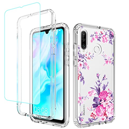 Coque Huawei P30 Lite avec verre trempé MAR-LX3A silicone floral rose