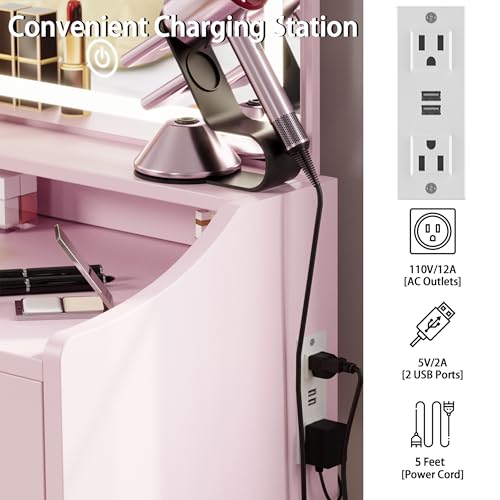 Image of LIKIMIO Small Vanity Desk with Mirror Lights and Storage Stool | Pink compact vanity with 3 light modes, charging station, storage drawer, 3 shelves and upholstered stool