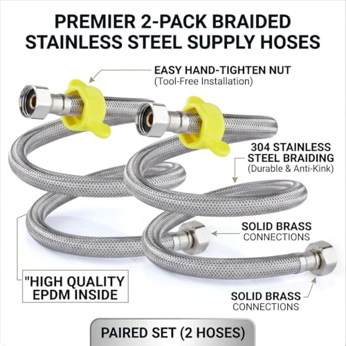 Image of Marcoware Stainless Steel Braided Connection Pipe with Easy-Grip Tightening Nut | Tool-Free Installation For Water Heater Geyser /Wash Basin /Kitchen Sink & Toilet Flush, 1 /2 inch Thread Size, Pack of 2