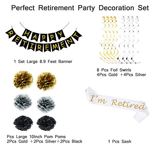 34 Pieces Retirement Celebration Banner Bunting Retired Sash Paper Pom Poms Foil Ideal Latex Balloons for Retirement Party Supplies Favors Gifts Decorations
