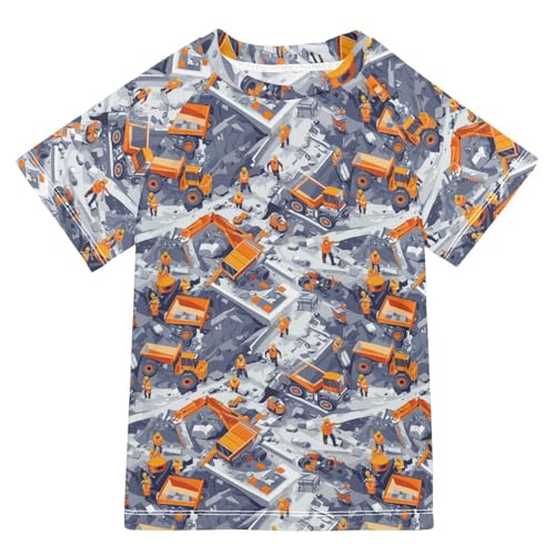 Bathing Suit Kids Short Sleeve Kids Rash Guard Swim 3T Construction Scene Dam Construction Concrete Mixer Truck Road Roller