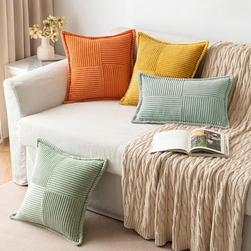 Image of MIULEE Spring Decorative Throw Pillow Covers for Couch Bed Livingroom 20x20 Inch Set of 2 Greyish Green Boho Accent Throw Pllows Broadside Striped Patchwork Soft Corduroy Summer Pillowcases