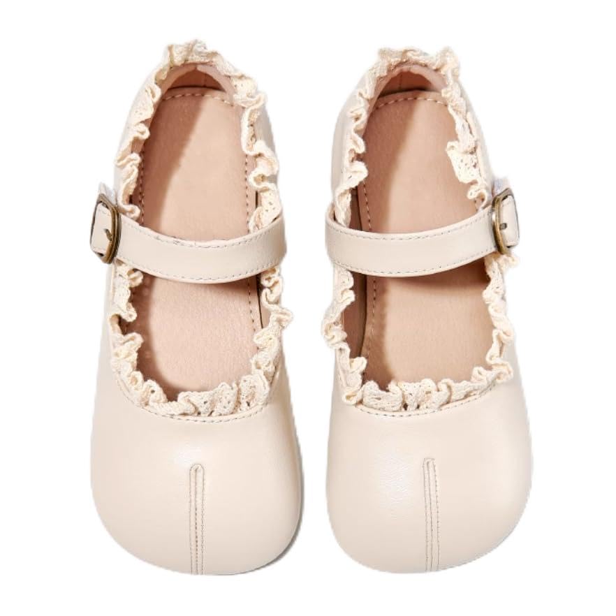 Girls Mary Jane Flats with Lace Trim, Buckle Strap, Cream Color