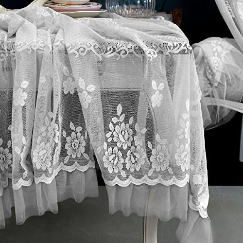Mantel de Mesa Bordado Poliéster, Mantel de Encaje con Volantes en Tul, Cubierta de Tabla Romántico Rústico Shabby Chic - Bordado Floral - 160x280 - Blanco Cover