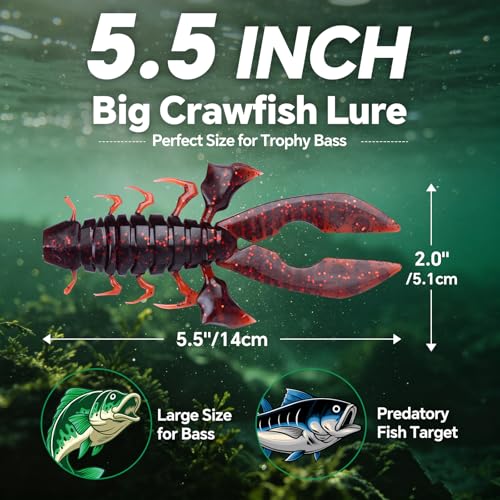 Image of Battle Craw Soft Plastic Crawfish Lures Kit with Removable Rattles | Salt Infused Creature Bait for Bass Fishing, Texas Rig & Jig Trailer Lure in Tackle Box, Realistic 1:1 Claw-to-body 4.1 /5.5in