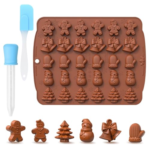 Moules à Chocolat de Noël en Silicone, 30 Cavités Moule à Chocolats de Noël, Petits Moule en Silicone de Noel, Avec Grattoir et Compte-Gouttes, Pour...