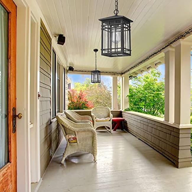 Outdoor Pendant Lighting, Exterior Pendant Lantern, Farmhouse Porch Hanging Lantern Lights with Seeded Glass in Black Finish, Outdoor Pendant Lamp for Front Porch, Entryway, Patio, Gazebo