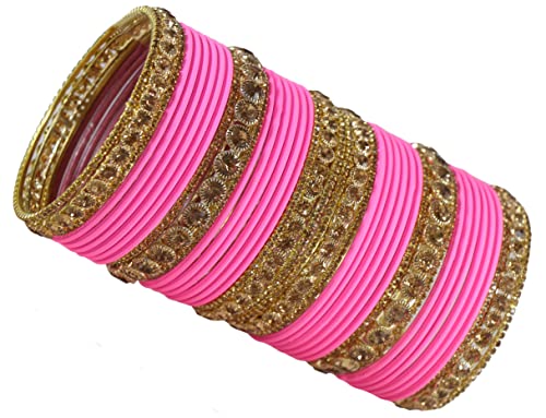 Image of NMII Non-Precious Metal Base Metal and Studded Zircon Gemstone and Matte Finish Worked Bangle set for Women /Girls