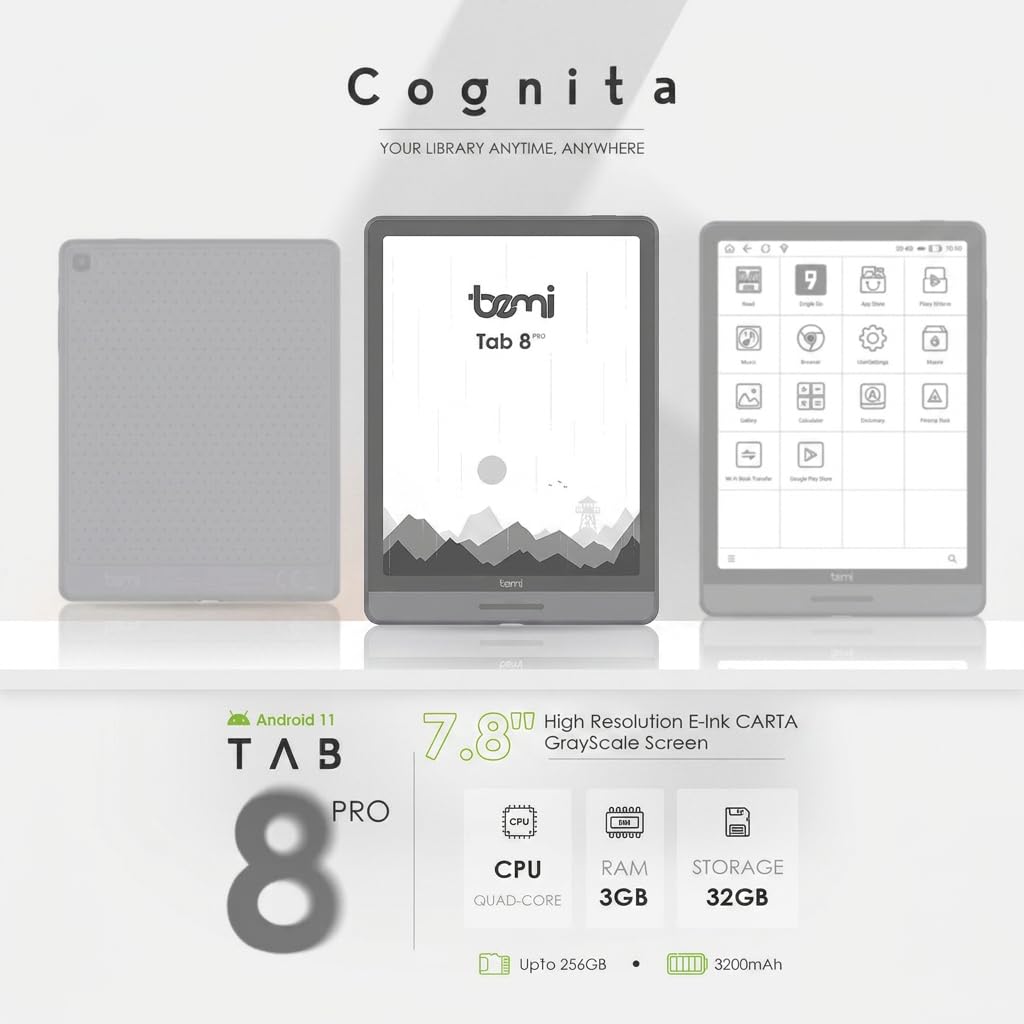 Bemi Cognita Tab 8 Pro Czytnik Ebooków 7,8" E Ink Carta 300 PPI, Android 11, Legimi, Empik Go, 32 GB, Wi-Fi 5, Bluetooth, Szary