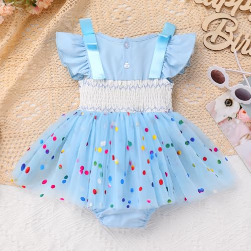 ODASDO Baby Girls 1st 2nd Birthday Cake Smash Outfit Smocked Bowknot Tulle Tutu Princess Romper Dress with Headband Set3