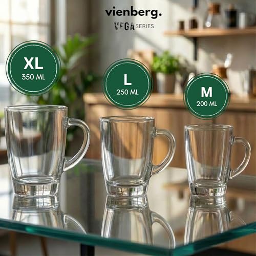 vienberg Vega Teegläser mit Henkel 18er Kombo Set 250/300/400 ml – Robuste Kaffeegläser & Glühweingläser – Spülmaschinenfest & Hitzebeständig - Glastassen für Tee, Kakao & Cappuccino