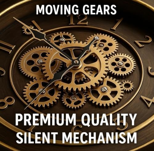 Image of Large Size 35 cms Rotating Moving Gears Wall Clock Industrial Steampunk Real Moving Gear Designer Wall Clock for Living Room Home Decor Office Wooden Look Plastic Round 14 Inch (Black Golden)