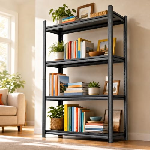 Image of 4 Tier Metal Bookshelf Black, Industrial Bookcase Shelving Unit Storage Rack for Living Room Bedroom Office Kitchen, Heavy Duty Steel Shelves Organizer for Books Plants Decor, Free Standing Shelf Unit