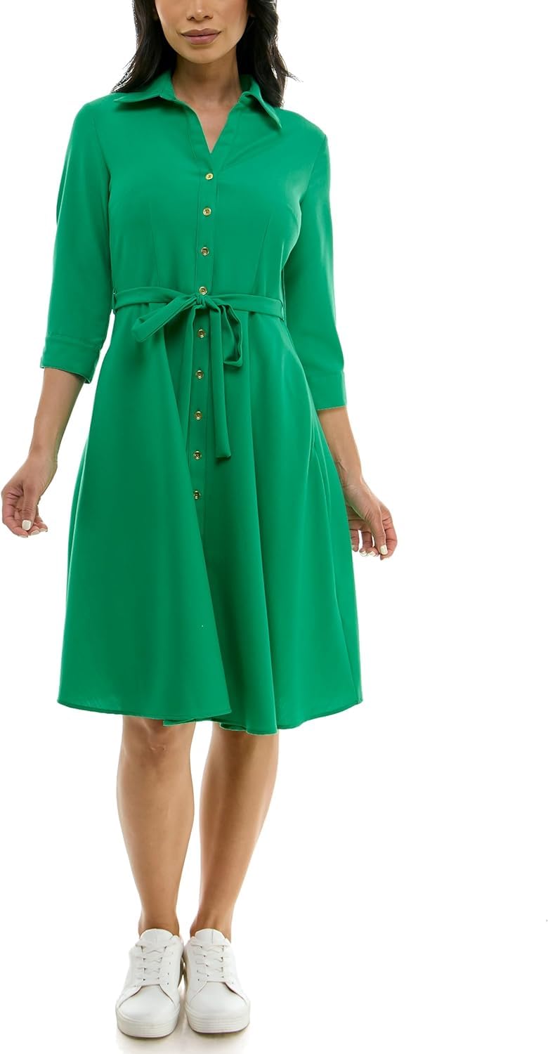 Sharagano Women's Button Front Pleated Shirt Casual Dress, Lily Pad, 16W