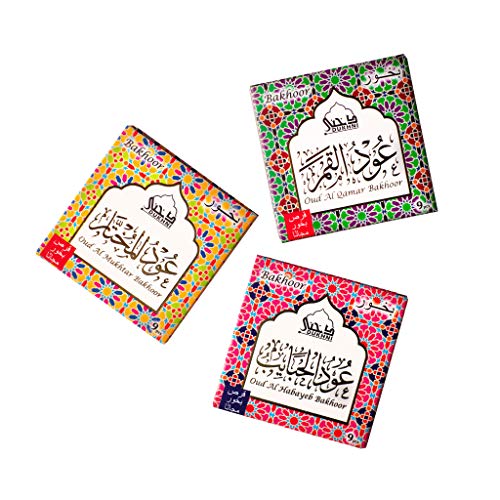 Dukhni Bakhoor - Oud Al Mukhtar, Oud Al Qamar, Oud Al Habayeb - Set of 3 BAKHOOR Incense - 9 Pieces in Each Box. Perfect for Namaaz, Yoga, Prayer, Meditation, Relaxation, Unwinding