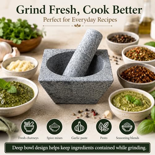 Image of NUTRION Square Granite Mortar and Pestle Set for Kitchen Spice Grinding, Heavy Duty Stone Herb Crusher Bowl for Garlic, Masala, Chutney & Pesto Preparation, Grey Manual Grinder