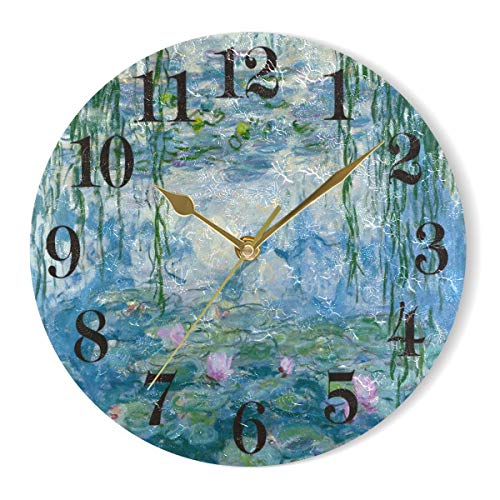 Rustic 10 Inch Round Wooden Wall Clock Water Lilies By Claude Monet Oil Paintings Flowers Battery Operated, Vintage Farmhouse Wall Decor For The Kitchen, Living Room, Bedroom, Or Office #TOP6