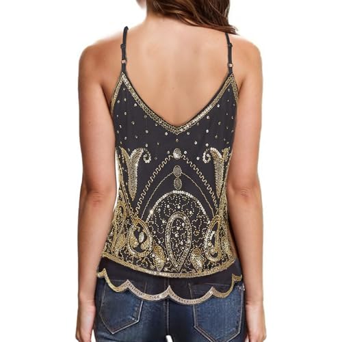 Vijiv Women's 1920s Inspired Beaded Sequin Top Shimmer Glitter Blouse V Neck Tank Top Formal Gatsby Shirt4