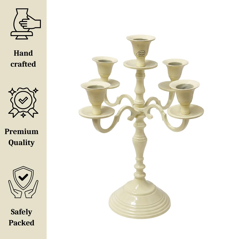 Extreme Karigari 5 Arm Metal Candelabra Candle Stand | 12 Inch Tall Decorative Candlestick Holder for Dining Table, Living Room, Wedding & Home Decor (Ivory) 3