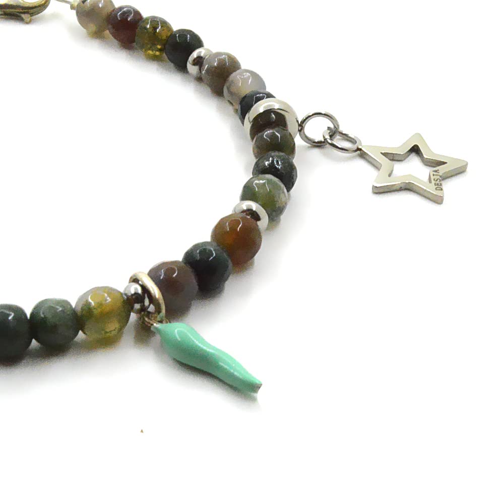 Cavigliera ietra dura naturale Agata indiana muschiata verde sfaccettata con ciondoli in acciaio e corni colorati in argento 925