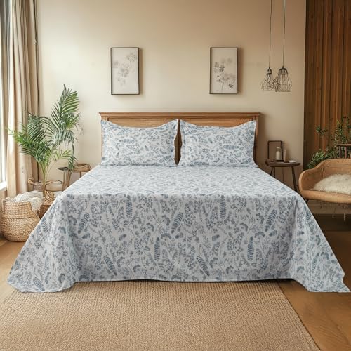Image of Cortina Cloud Cotton King Size Bedsheet with 2 Pillow Covers | Super Soft, Breathable & Skin-Friendly Bedsheet for Double Bed King Size with Boho Design | 270x250 cm (White & Blue, King)