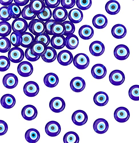 NBEADS 14.1/Strand (about 38pcs) 9.5mm Handmade Evil Eye Lampwork Beads Blue Color Flat Round Lampwork Spacer Beads DIY Crafts Evil Eye Charms for DIY Bracelets Necklace Jewelry Making