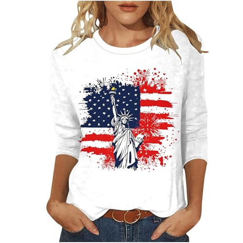Image of Fourth of July Shirts for Women 3 /4 Sleeve Summer Tops American Flag Print T Shirt Patriotic 4th of July Shirts 2025