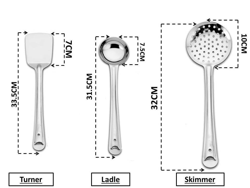 Image of Ajay's Shoppe Stainless Steel Kitchen Spoon Set of 3 | Ladle, Skimmer & Turner Set | Heavy Duty Cooking Tools for Home Kitchen