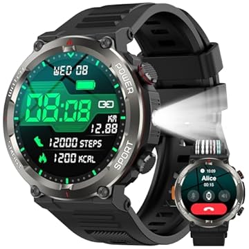Smartwatch Militar Redondo 1.45" - Bateria 960mAh (30 Dias), Lanterna, Bússola, 120 Modos Esportivos, IP68, Chamadas Bluetooth - Android/iOS