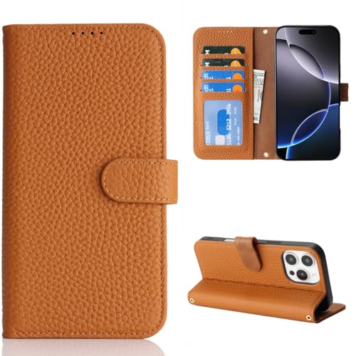 Coque iPhone 16 Pro Max Cavor en cuir véritable marron avec portefeuille étui clapet protection