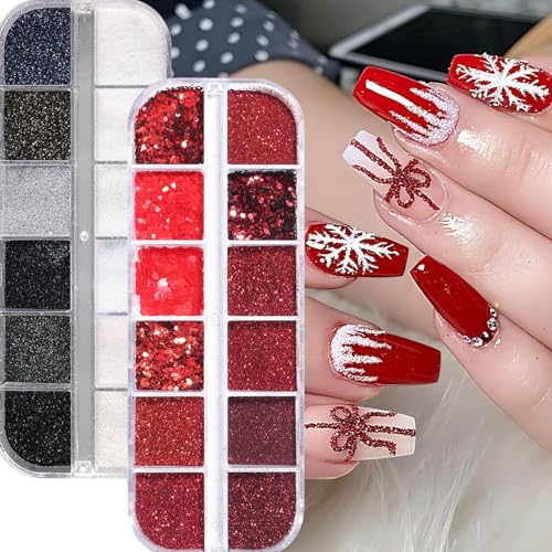 2 Box Christmas Nail Glitter-24 Colors Red Black Silver White