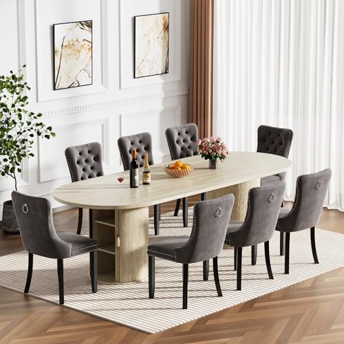 Image of 63 inch-94 inch Large Oval Extendable Dining Table for 6 8 10, Faux Travertine Expandable Kitchen Table with Fluted Cylindrical Storage Base, Modern Farmhouse Expanding Table for Dinner Party Family Gathering