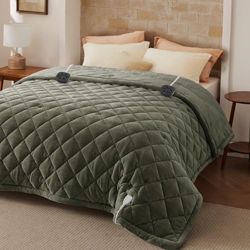 Image of Bedsure Electric Blanket King Size - Dual Control Heated Weighted Blanket King with 10 Heat Settings, Fast Heating with 10 Time Settings (100x90 inches, Olive Green)