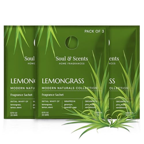 Image of Soul & Scents Lemongrass Fragrance Sachet | A Fusion of Zesty Lemon & Lemongrass | Long-Lasting Air Freshener for Car, Wardrobe, Kitchen, and Travel Bag | Pack of 3-20gm Each