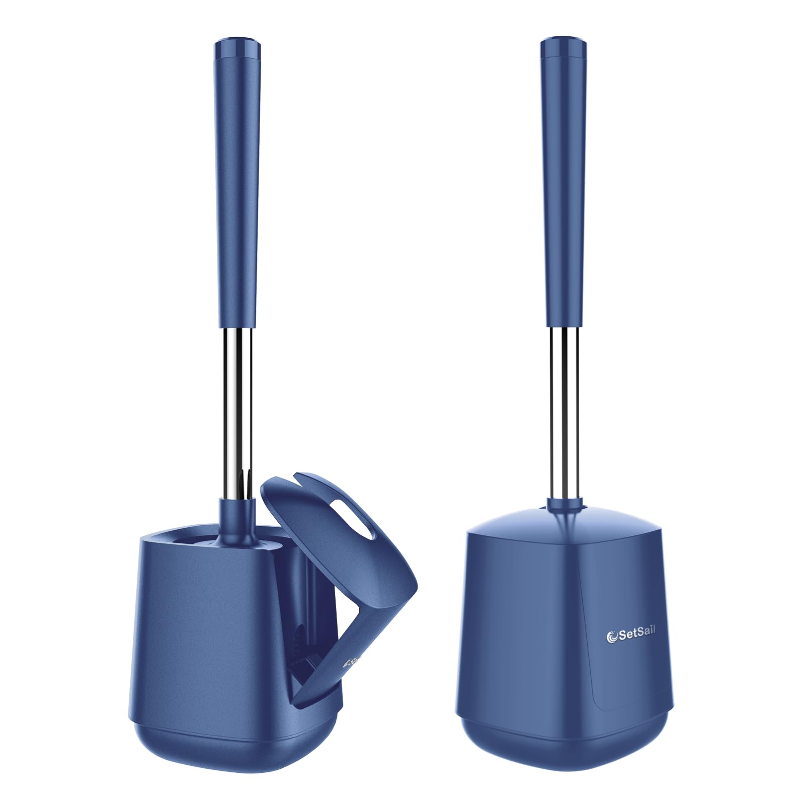 SetSail Toilet Brush and Holder, Self Closing Lid Toilet Bowl Brushes Holder and Extra Long Handle Ventilated Toilet Brush Set for Bathroom Cleaning, Nylon Bristles, 2 Packs-Dark &amp; Blue
