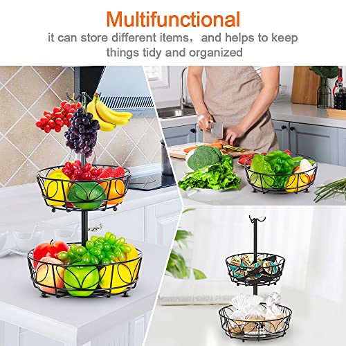 Auledio 2-Tier Countertop Fruit Vegetables Basket Bowl Storage With Triple Banana Hanger, Black #TOP6