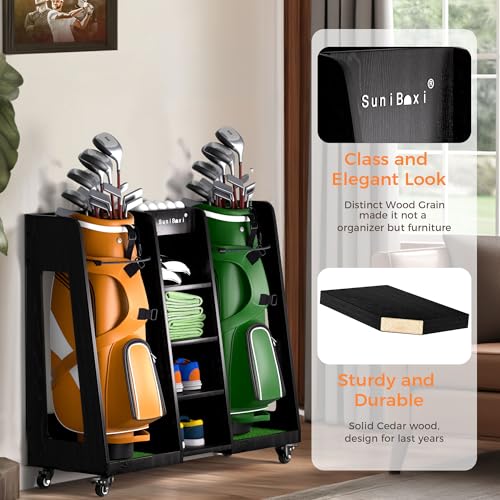 Golf-Bag-Organizer-for-2-Bags-Storage-Wooden-Golf-Bag-Stand-Rack-with-Wheels-Heavy-Duty-Space-Saving-Golf-Club-Holder-for-Golfers-Husband-Father-Golf-Bag-Storage-Rack-Golf-Bag-Holder-Heavy-Duty-Space-