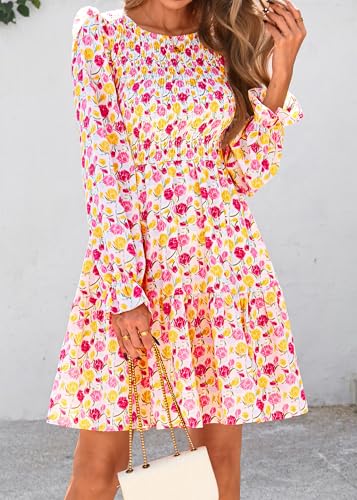 Image of KIRUNDO Long Sleeve Dress for Women 2025 Summer Fall Wedding Guest Smocked Floral Crewneck Ruffle A Line Flowy Mini Dress