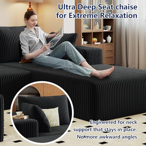 Image of 96 inch Modular Sectional Sofa with Ottoman, Modern Corduroy Cloud Couch with Deep Seat, Boneless Couch Upholstered 3-Seater U-Shaped Sofa for Living Room, No Assembly (Black, Right-Facing Chaise)