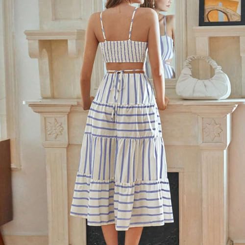 Image of Owl's-Yard Women's Striped Long Dress Summer Sleeveless Spaghetti Strap Front Pocket Dress Flowy Beach Sundress Clubwear