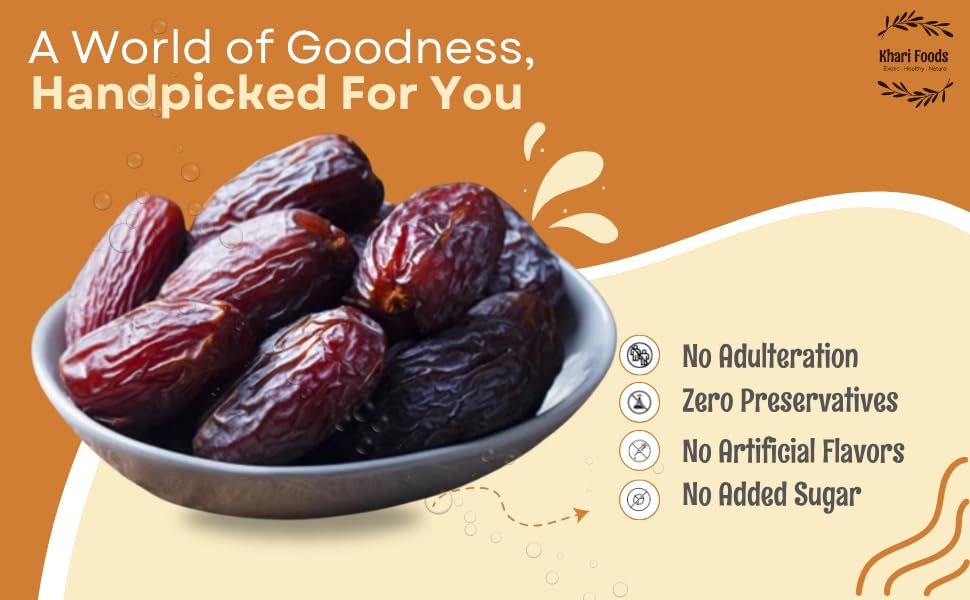Khari Foods Premium Medjool Dates, Khajur/Khajoor Dry Fruits, High Fibre, Energy Booster, Natural Sweetener, No Added Sugar, No Preservatives, Healthy Snacks (1kg) 1