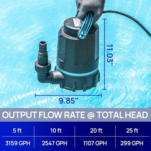 Aquastrong Sump Pump 1/2 HP Submersible Water Pump Thermoplastic Portable Utility Pump 3159 GPH High Flow Water Removal for Swimming Pool Garden Pond Basement Window Wells with 10ft Long Power Cord