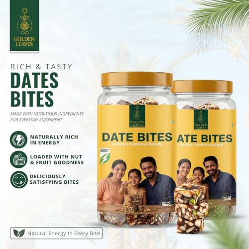 Image of Golden Leaves Date Bites | Dates Barfi Made with Dates, Pista, Cashews, Almonds, Pure Ghee, Pistachios & Mixed Seeds I Dry Fruits Nuts, Healthy Snacks Sweets, Gluten Free, No Added Sugar Instant Energy Snack for Kids & Adults (200g (Pack of 2))