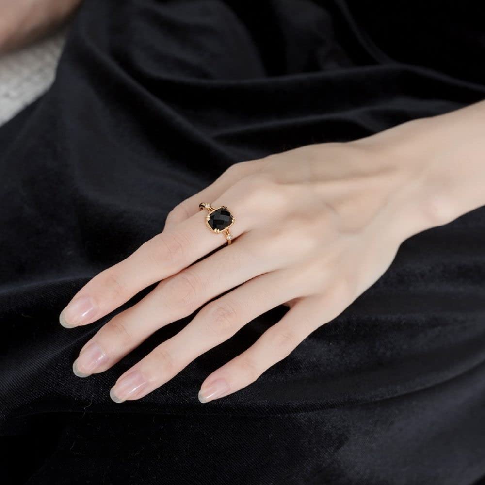 Anello In Argento 925 Da Donna,Anelli Sfaccettati Regolabili Per Donna Quadrato Nero Onice Argento Sterling 925 Micro Pavé Zircone Retro Placcato Oro 7 Chakra Anelli Di Promessa Per Ragazze Signore