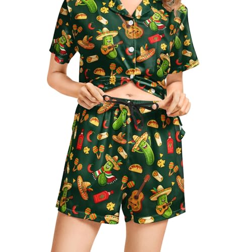 Image of Funny Pajamas for Women Set Print Satin Loungewear Pjs Short Sleeve Button Down Top and Shorts Sets Sleepwear XS-3XL