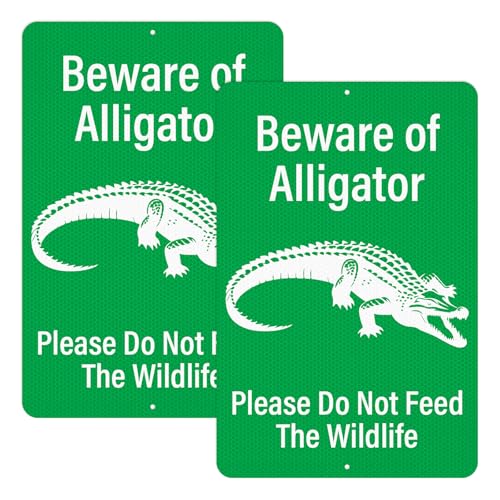 Anobell 2 Pack Beware of Alligator Sign 12x18 Inch Reflective Aluminum Yard Sign Please Do Not Feed The Wildlife Warning Sign for Outdoor Pool Lake Swamp Areas