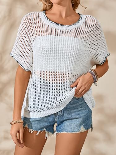 Image of Verdusa Women's Off The Shoulder Knit Top Crochet Summer Sweaters Hollow Out Beach Cover Up